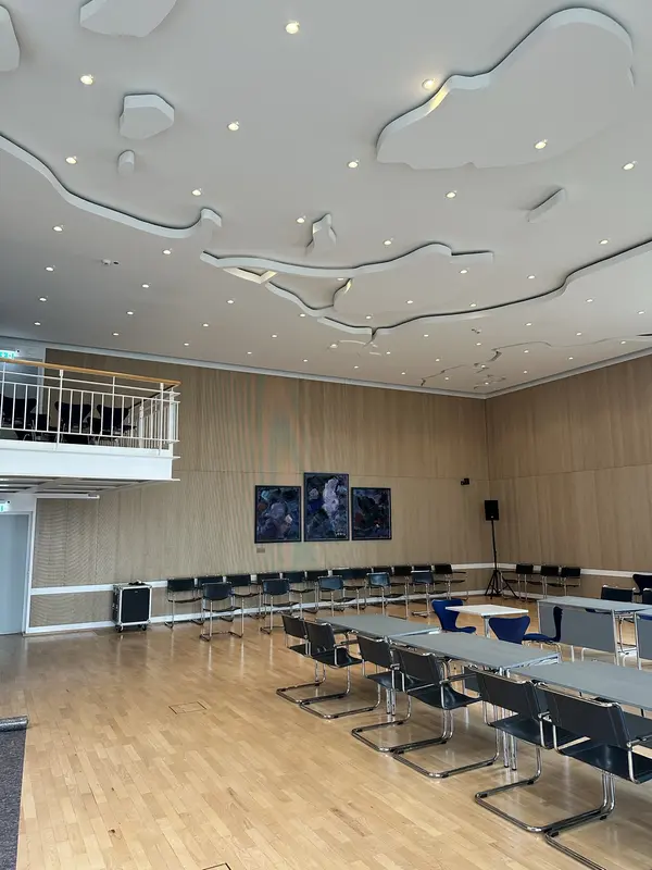 Foto eines Projektes der Malerei Norbert Bardtke, welches einen hellen Konferenzraumes mit Holzverkleideten Wänden und einer weißen Deckenkonstruktion mit zahlreichen integrierten Lampenspots, zeigt.  